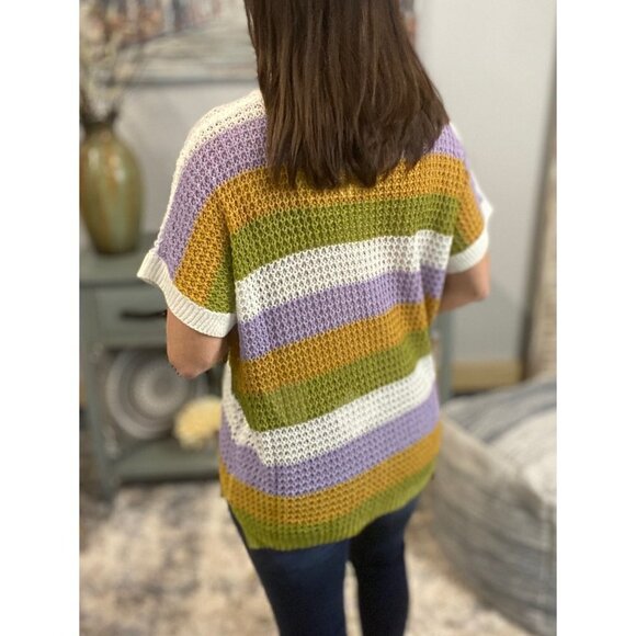 🎭Mardi Gras Deep V Neck Loose Striped Sweater Shirt Purple Green & Gold 5021 - Picture 5 of 8